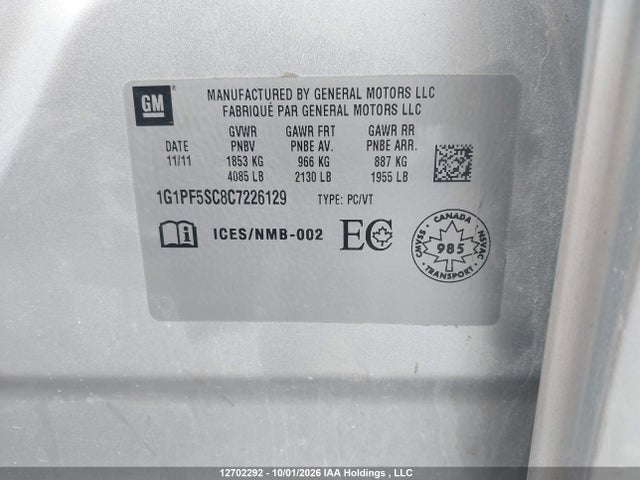 12702292 :رقم المزاد ، 1G1PF5SC8C7226129 vin ، 2012 Chevrolet Cruze مزاد بيع