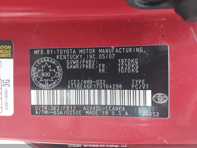 Aukcja sprzedaży 2007 Toyota Camry Ce/le/xle/se, vin: 4T1BE46K17U164298, numer aukcji: 12702294