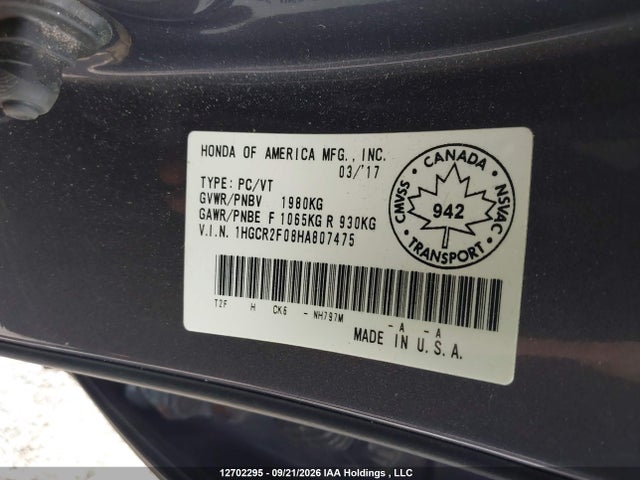 Honda Accord Touring 2017 1HGCR2F08HA807475 Image 9