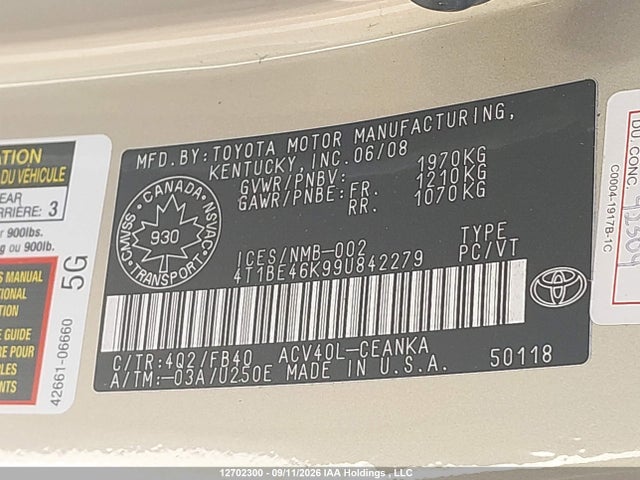 Продажа на аукционе авто 2009 Toyota Camry, vin: 4T1BE46K99U842279, номер лота: 12702300