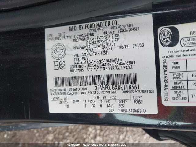 12702301 :رقم المزاد ، 3FAHP0JGXBR118561 vin ، 2011 Ford Fusion Sel مزاد بيع