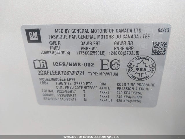 12702306 :رقم المزاد ، 2GNFLEEK7D6328321 vin ، 2013 Chevrolet Equinox 1lt مزاد بيع