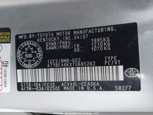 Aukcja sprzedaży 2007 Toyota Camry Le/se, vin: 4T1BE46KX7U685262, numer aukcji: 12702308