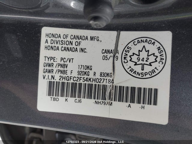 2019 Honda Civic Lx მანქანა იყიდება აუქციონზე, vin: 2HGFC2F54KH027184, აუქციონის ნომერი: 12702323