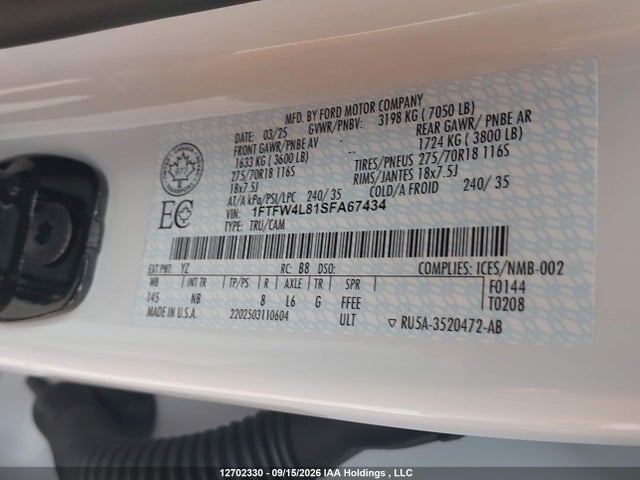 Aukcja sprzedaży 2025 Ford F-150, vin: 1FTFW4L81SFA67434, numer aukcji: 12702330
