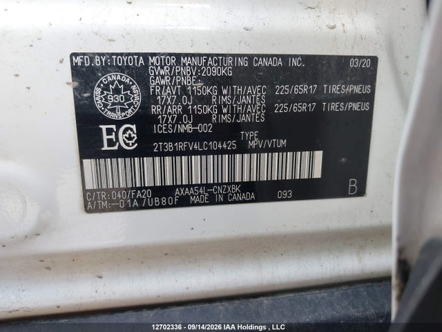 2020 Toyota Rav4 Le მანქანა იყიდება აუქციონზე, vin: 2T3B1RFV4LC104425, აუქციონის ნომერი: 12702336
