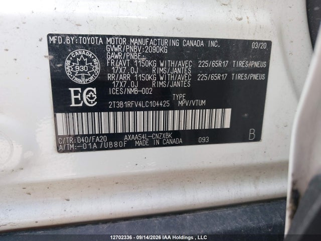 2020 Toyota Rav4 Le მანქანა იყიდება აუქციონზე, vin: 2T3B1RFV4LC104425, აუქციონის ნომერი: 12702336