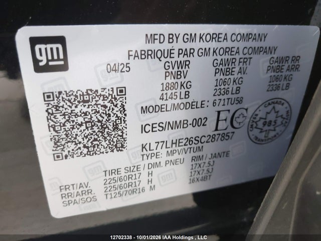 12702338 :رقم المزاد ، KL77LHE26SC287857 vin ، 2025 Chevrolet Trax 1lt مزاد بيع