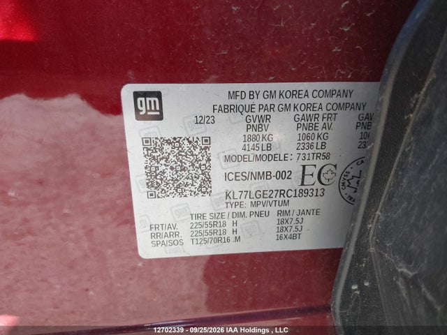 12702339 :رقم المزاد ، KL77LGE27RC189313 vin ، 2024 Chevrolet Trax 1rs مزاد بيع