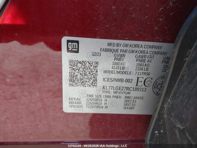 12702339 :رقم المزاد ، KL77LGE27RC189313 vin ، 2024 Chevrolet Trax 1rs مزاد بيع