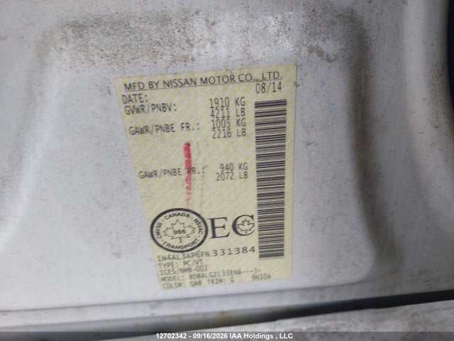 Aukcja sprzedaży 2015 Nissan Altima 2.5/s/sv/sl, vin: 1N4AL3AP6FN331384, numer aukcji: 12702342