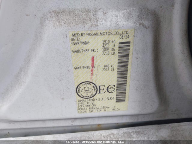Aukcja sprzedaży 2015 Nissan Altima 2.5/s/sv/sl, vin: 1N4AL3AP6FN331384, numer aukcji: 12702342