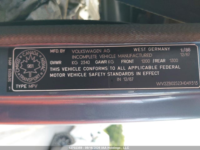 1988 Volkswagen Vanagon Campmobile მანქანა იყიდება აუქციონზე, vin: WV2ZB0252JH049313, აუქციონის ნომერი: 12702359