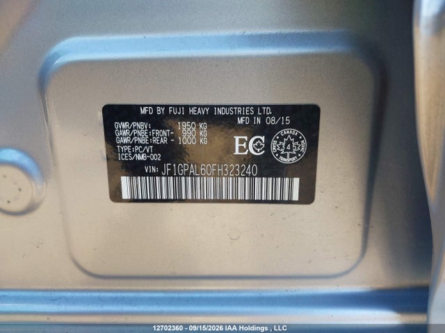 Продаж на аукціоні авто 2015 Subaru Impreza 2.0i Sport Package, vin: JF1GPAL60FH323240, номер лоту: 12702360