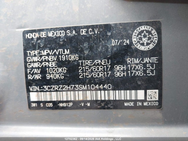 Продаж на аукціоні авто 2025 Honda Hr-v Ex-l Navi, vin: 3CZRZ2H73SM104440, номер лоту: 12702362