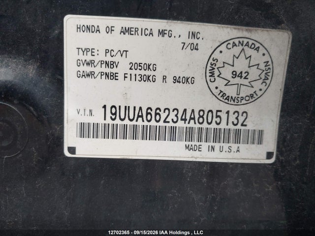 Продаж на аукціоні авто 2004 Acura Tl, vin: 19UUA66234A805132, номер лоту: 12702365
