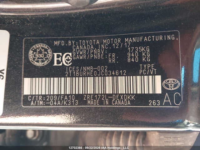 2T1BURHE0JC034612 Toyota Corolla L/le/xle/se/xse