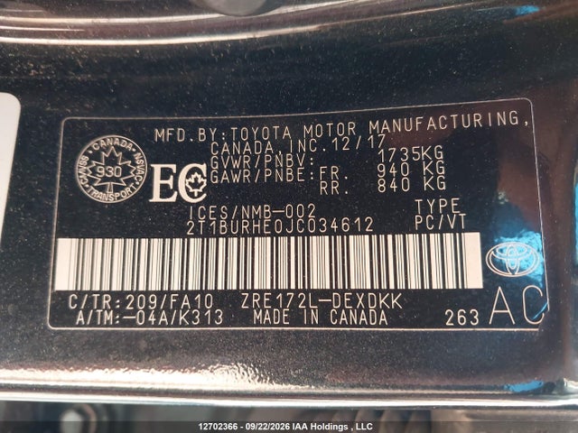 2T1BURHE0JC034612 Toyota Corolla L/le/xle/se/xse