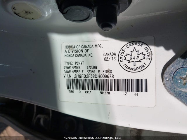 2013 Honda Civic Ex 4dr მანქანა იყიდება აუქციონზე, vin: 2HGFB2F58DH009678, აუქციონის ნომერი: 12702376