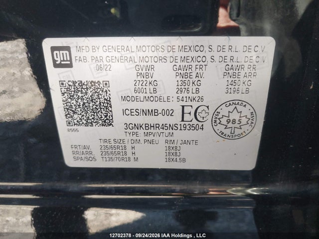 Продажа на аукционе авто 2022 Chevrolet Blazer Lt, vin: 3GNKBHR45NS193504, номер лота: 12702378