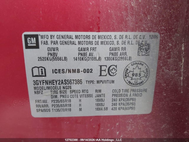 Aukcja sprzedaży 2010 Cadillac Srx, vin: 3GYFNHEY2AS567386, numer aukcji: 12702388