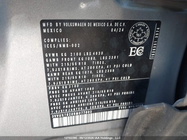 Aukcja sprzedaży 2024 Volkswagen Taos Se, vin: 3VVUX7B26RM077603, numer aukcji: 12702395