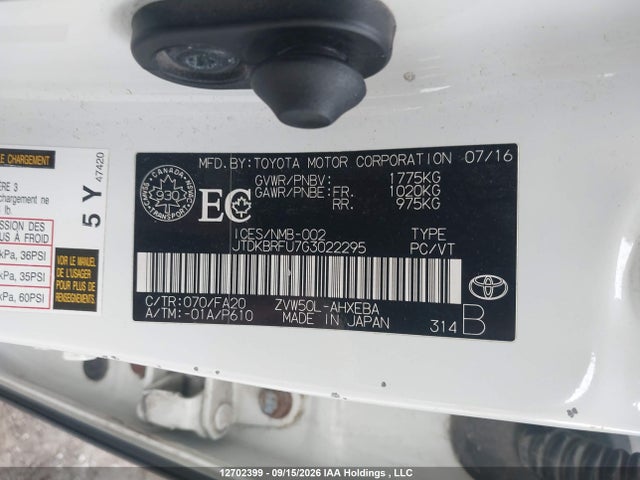 2016 Toyota Prius Technology/touring მანქანა იყიდება აუქციონზე, vin: JTDKBRFU7G3022295, აუქციონის ნომერი: 12702399