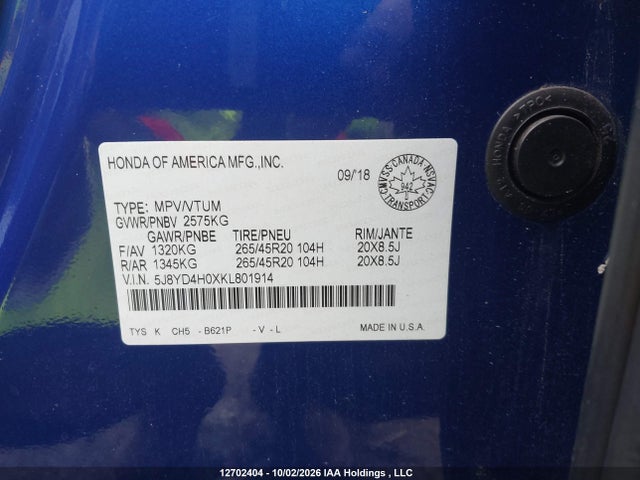 12702404 :رقم المزاد ، 5J8YD4H0XKL801914 vin ، 2019 Acura Mdx مزاد بيع