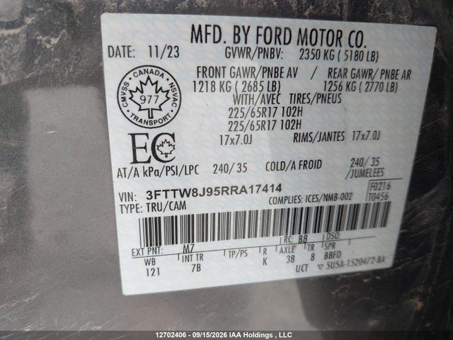 12702406 :رقم المزاد ، 3FTTW8J95RRA17414 vin ، 2024 Ford Maverick مزاد بيع
