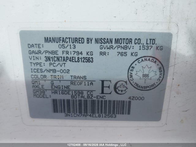 Nissan Versa 2014 3N1CN7AP4EL812563 Image 9
