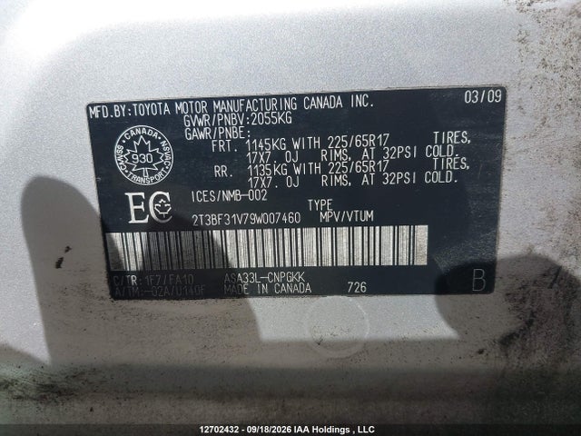Продажа на аукционе авто 2009 Toyota Rav4 Limited, vin: 2T3BF31V79W007460, номер лота: 12702432