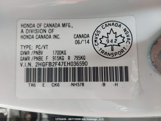 Honda Civic 2014 2HGFB2F47EH036590 Image 9