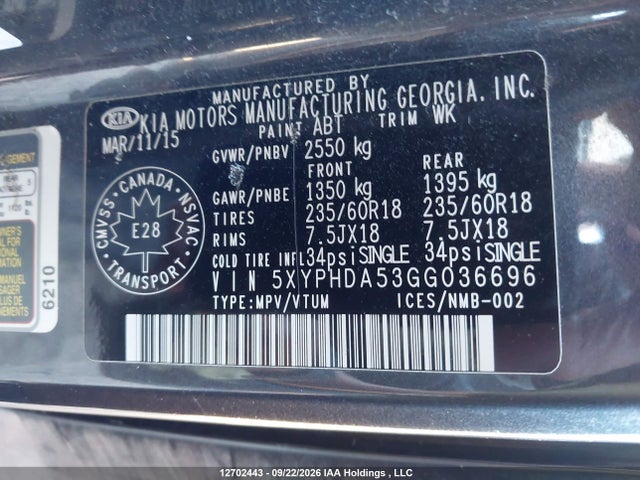 12702443 :رقم المزاد ، 5XYPHDA53GG036696 vin ، 2016 Kia Sorento مزاد بيع