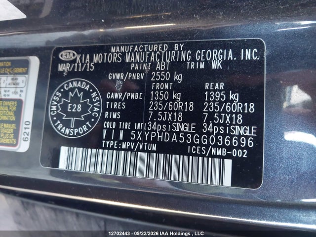 12702443 :رقم المزاد ، 5XYPHDA53GG036696 vin ، 2016 Kia Sorento مزاد بيع