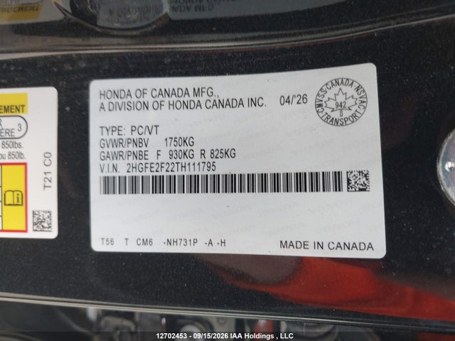 Продаж на аукціоні авто 2026 Honda Civic Lx, vin: 2HGFE2F22TH111795, номер лоту: 12702453