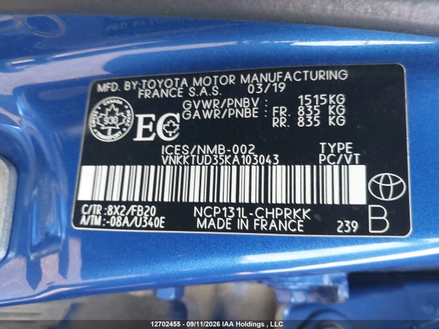 Aukcja sprzedaży 2019 Toyota Yaris L/le/se, vin: VNKKTUD35KA103043, numer aukcji: 12702455