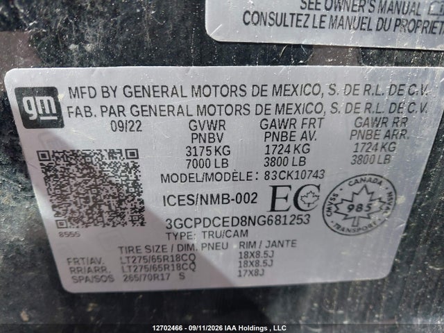 Продаж на аукціоні авто 2022 Chevrolet Silverado K1500 Trail Boss Custom, vin: 3GCPDCED8NG681253, номер лоту: 12702466