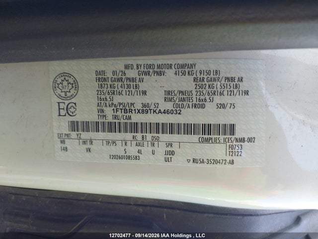12702477 :رقم المزاد ، 1FTBR1X89TKA46032 vin ، 2026 Ford Transit T-250 مزاد بيع