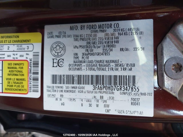 Ford Fusion 2016 3FA6P0HD7GR347855 Image 9