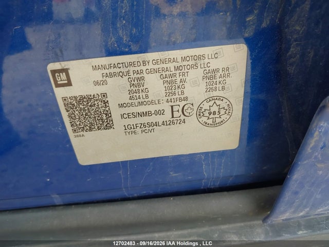 12702483 :رقم المزاد ، 1G1FZ6S04L4126724 vin ، 2020 Chevrolet Bolt Ev Premier مزاد بيع