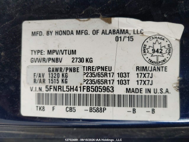 2015 Honda Odyssey Ex მანქანა იყიდება აუქციონზე, vin: 5FNRL5H41FB505963, აუქციონის ნომერი: 12702489