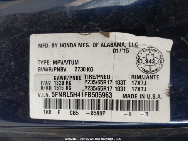 2015 Honda Odyssey Ex მანქანა იყიდება აუქციონზე, vin: 5FNRL5H41FB505963, აუქციონის ნომერი: 12702489