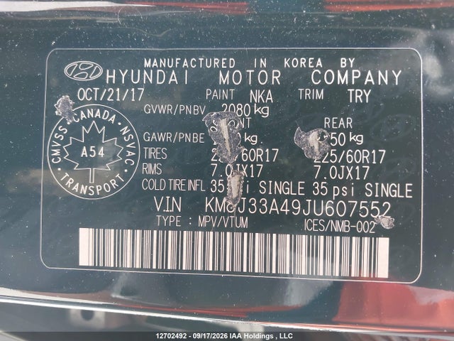 Aukcja sprzedaży 2018 Hyundai Tucson Premium 2.0l, vin: KM8J33A49JU607552, numer aukcji: 12702492