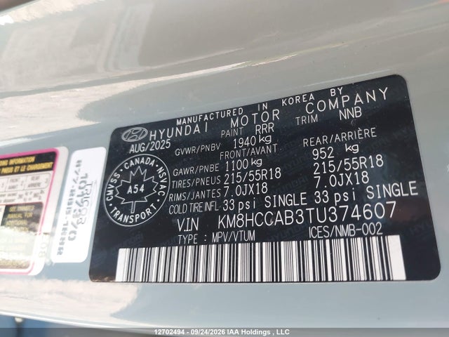 12702494 :رقم المزاد ، KM8HCCAB3TU374607 vin ، 2026 Hyundai Kona Preferred-trend مزاد بيع