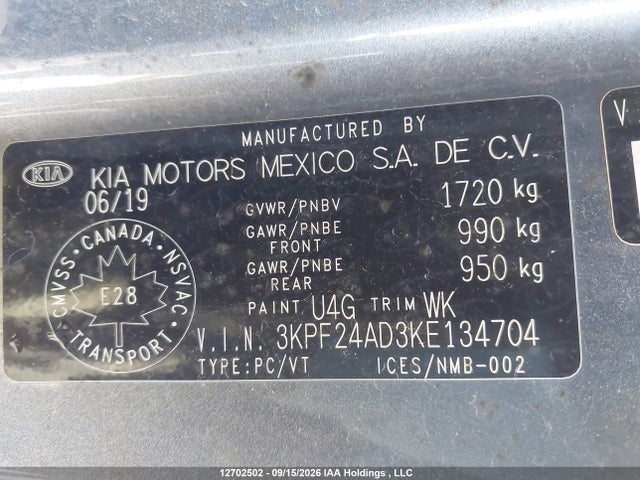 2019 Kia Forte Lx მანქანა იყიდება აუქციონზე, vin: 3KPF24AD3KE134704, აუქციონის ნომერი: 12702502