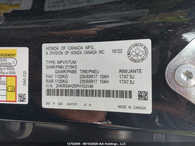 2023 Honda Cr-v Lx მანქანა იყიდება აუქციონზე, vin: 2HKRS4H25PH103149, აუქციონის ნომერი: 12702509