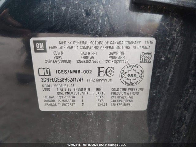 2017 Chevrolet Equinox Premier მანქანა იყიდება აუქციონზე, vin: 2GNFLGE38H6241747, აუქციონის ნომერი: 12702515