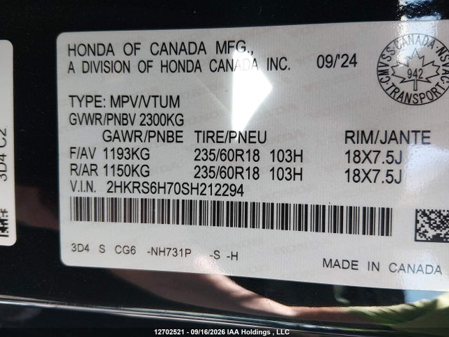 2HKRS6H70SH212294 Honda Cr-v Ex-l Hybrid