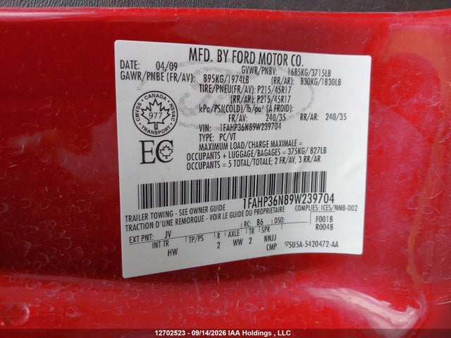 12702523 :رقم المزاد ، 1FAHP36N89W239704 vin ، 2009 Ford Focus Ses مزاد بيع