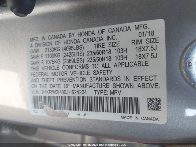 Aukcja sprzedaży 2018 Honda Cr-v Ex-l, vin: 2HKRW2H80JH624204, numer aukcji: 12702529